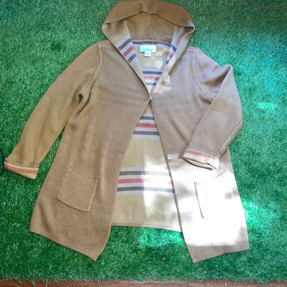 Tan Hooded Sweater Cardigan Coat Jacket Snap Front Stripes